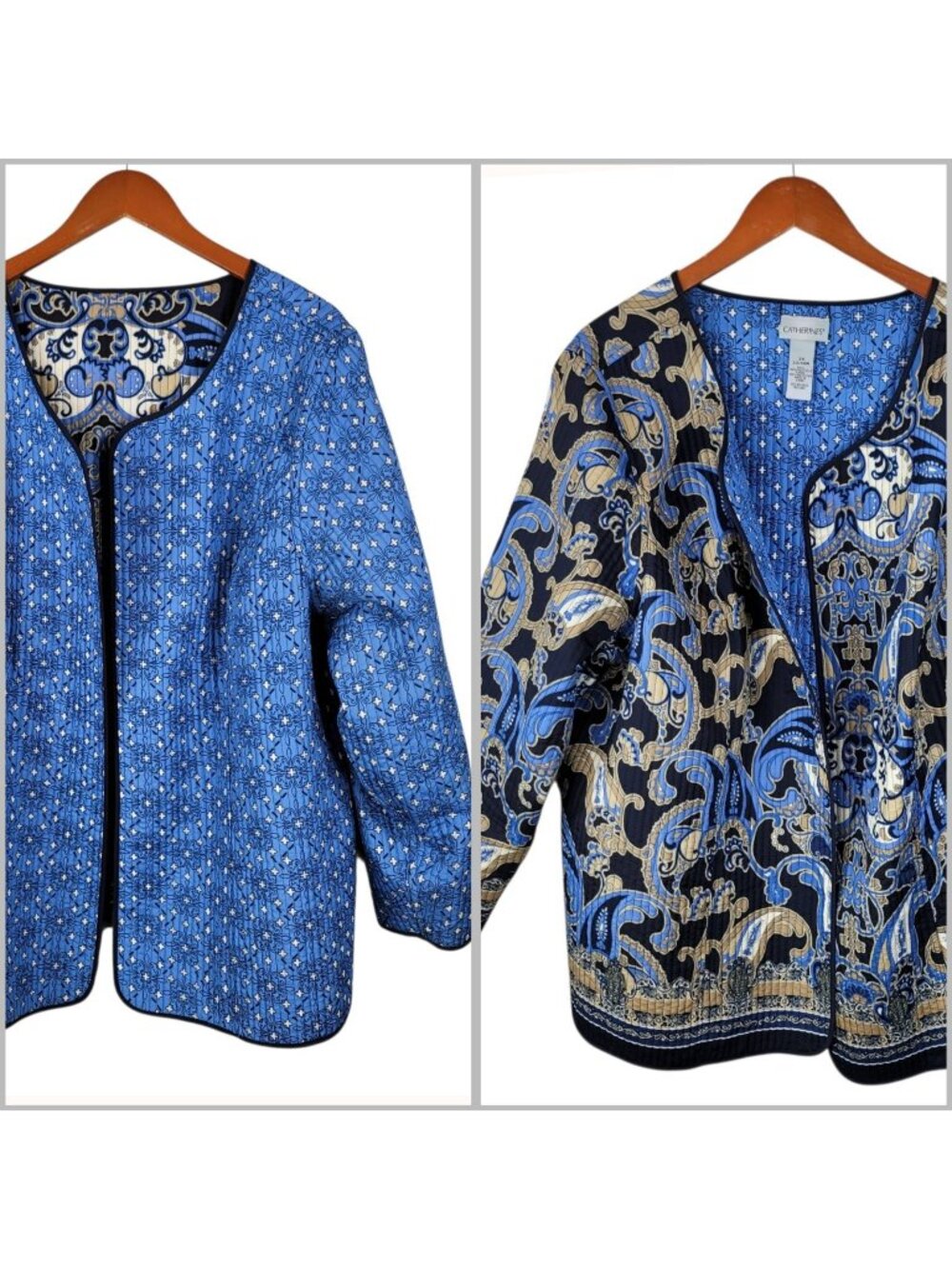 Catherines Reversible Quilted Jacket Coat Plus 2X 22/24W Blue Black Paisley